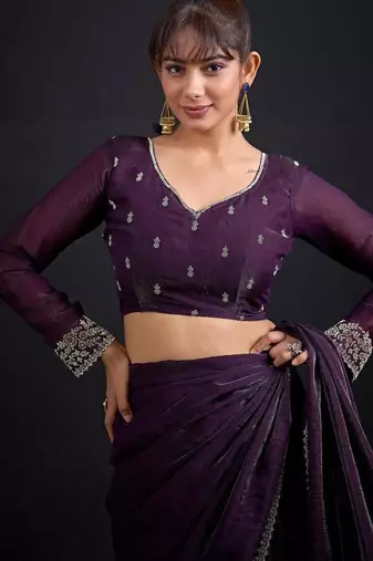 Purple color fendi satin silk blend two tone handwork zircon border saree