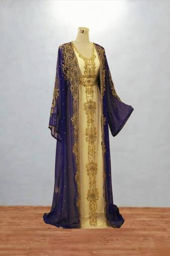 Navy Blue & Cream Hand-Embroidered Moroccan Kaftan Set