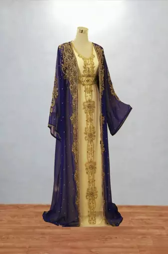 Navy Blue & Cream Hand-Embroidered Moroccan Kaftan Set
