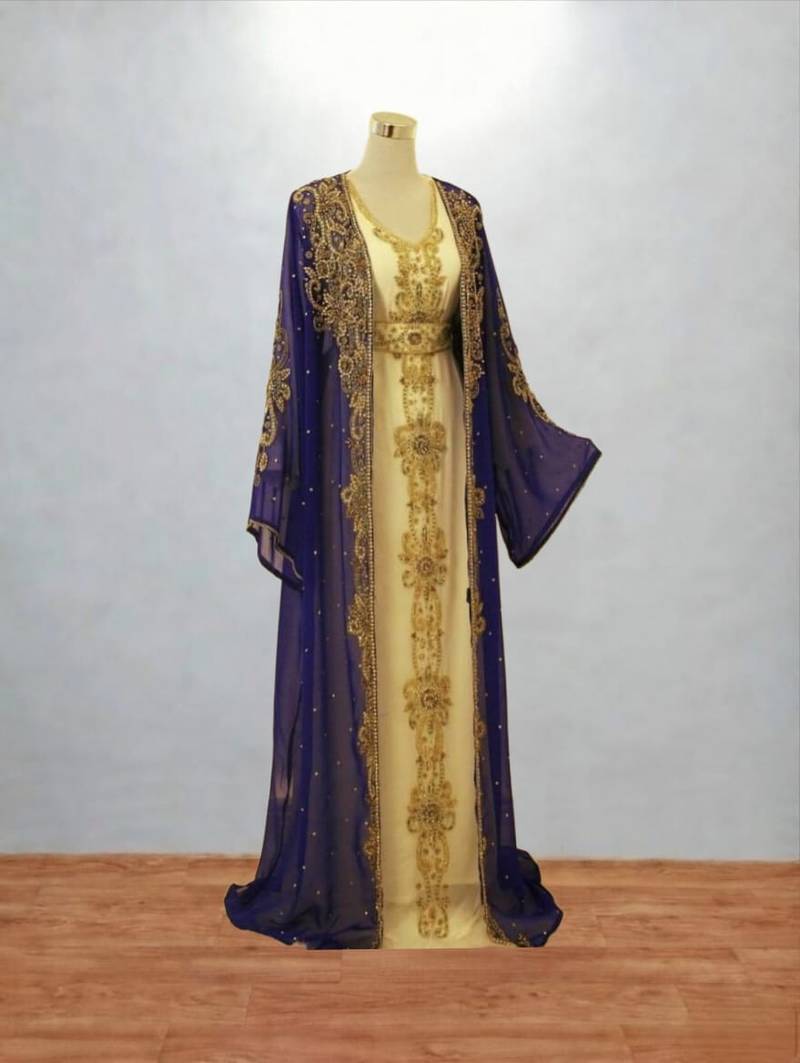 Navy Blue & Cream Hand-Embroidered Moroccan Kaftan Set