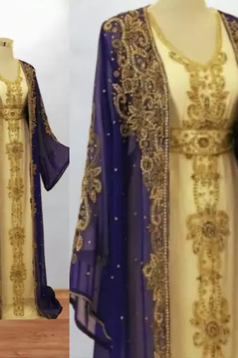 navy blue georgette kaftan dress with gold embroidery work