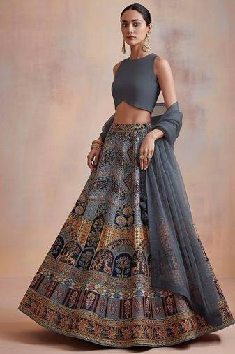 Grey Embroidered Crepe Lehenga Set
