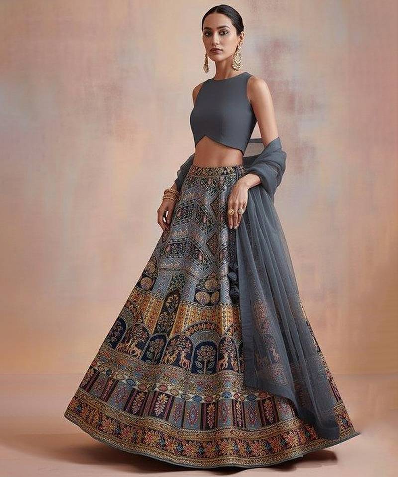 Grey Embroidered Crepe Lehenga Set