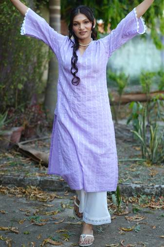 lavender cotton kurti pant set with kantha work design