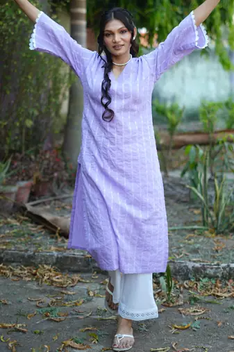 lavender cotton kurti pant set with kantha work design