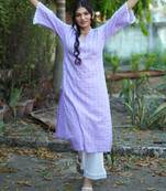 lavender cotton kurti pant set with kantha work design