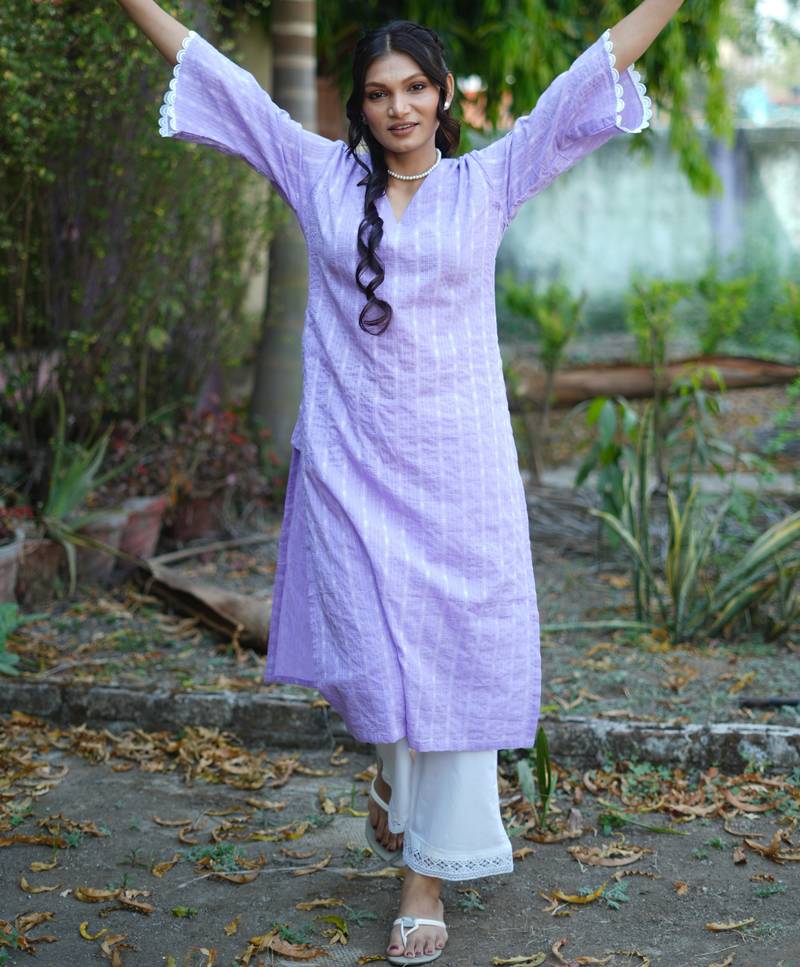 lavender cotton kurti pant set with kantha work design