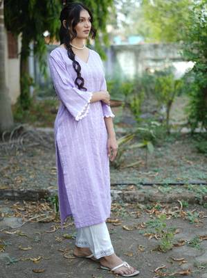 lavender cotton kurti pant set with kantha work design 2