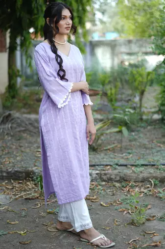 lavender cotton kurti pant set with kantha work design