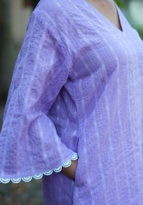lavender cotton kurti pant set with kantha work design 3