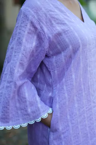 lavender cotton kurti pant set with kantha work design