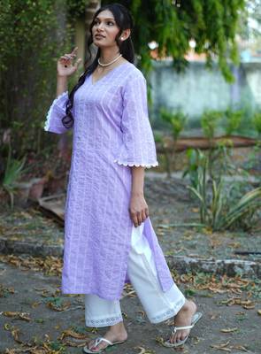 lavender cotton kurti pant set with kantha work design 4