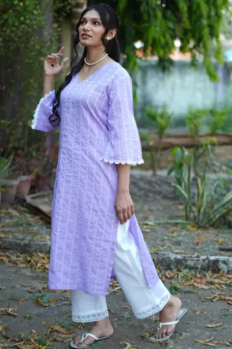 lavender cotton kurti pant set with kantha work design