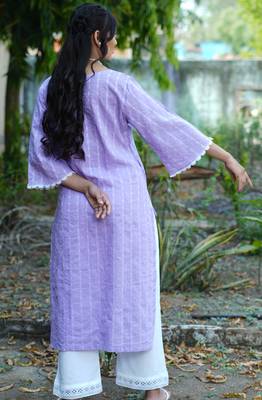 lavender cotton kurti pant set with kantha work design 5