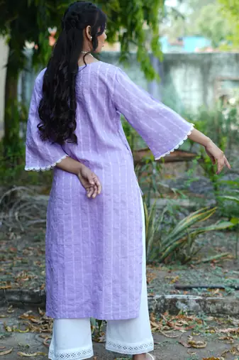 lavender cotton kurti pant set with kantha work design