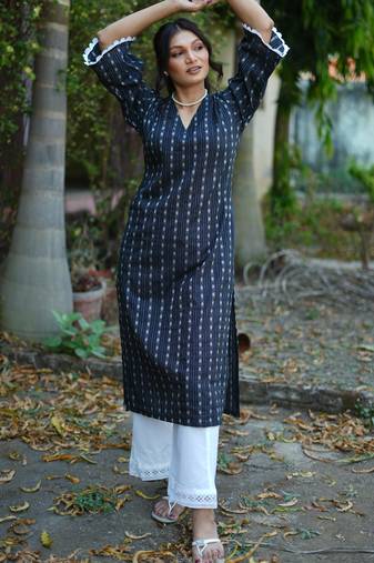 navy blue cotton kurti pant set with kantha work design
