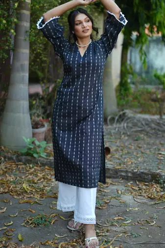 navy blue cotton kurti pant set with kantha work design