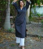 navy blue cotton kurti pant set with kantha work design