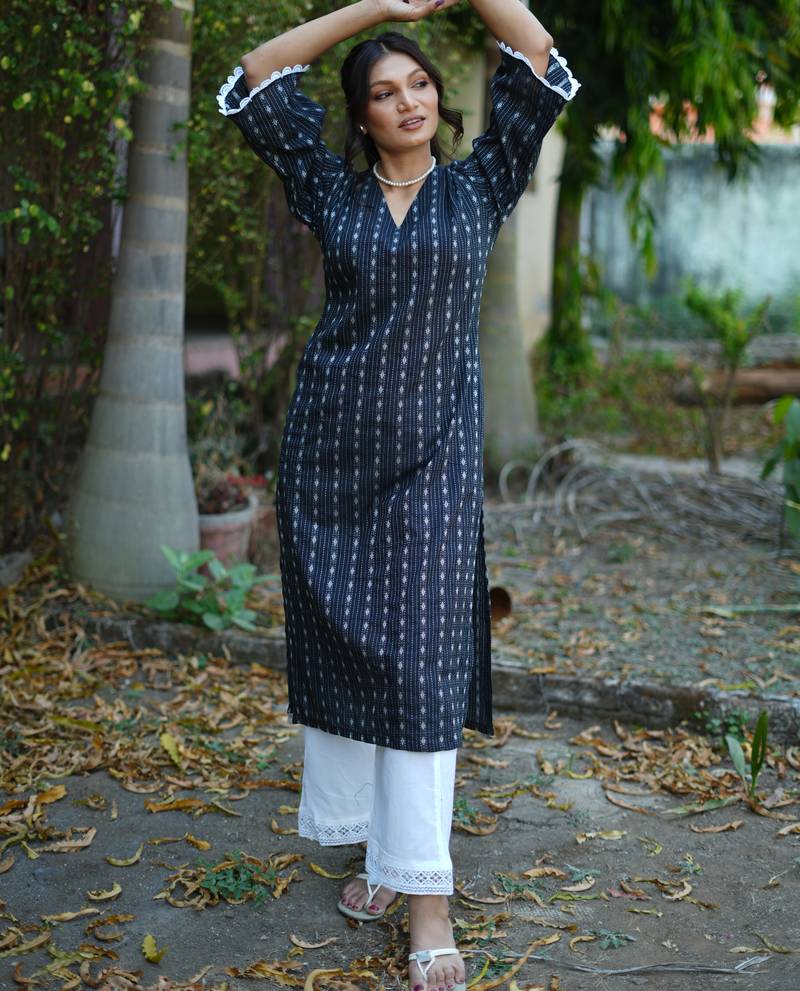 navy blue cotton kurti pant set with kantha work design