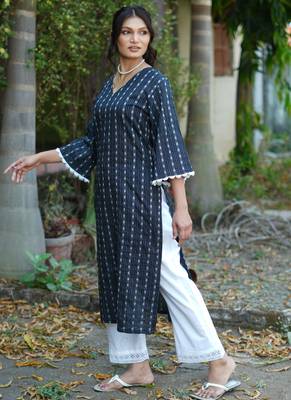 navy blue cotton kurti pant set with kantha work design 2