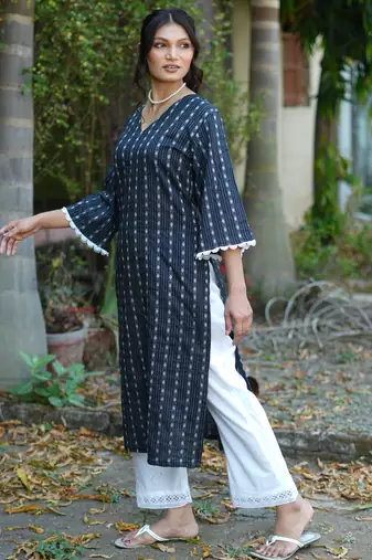 navy blue cotton kurti pant set with kantha work design