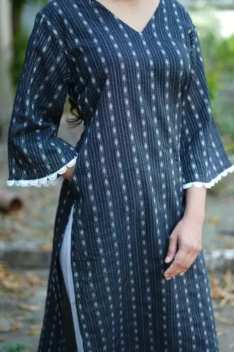 navy blue cotton kurti pant set with kantha work design