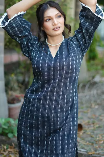 navy blue cotton kurti pant set with kantha work design
