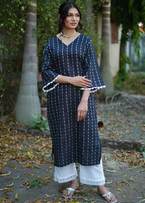 navy blue cotton kurti pant set with kantha work design 5