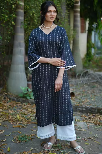 navy blue cotton kurti pant set with kantha work design