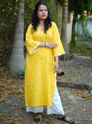 yellow cotton kurti pant set with kantha work design 1