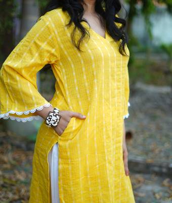 yellow cotton kurti pant set with kantha work design 2