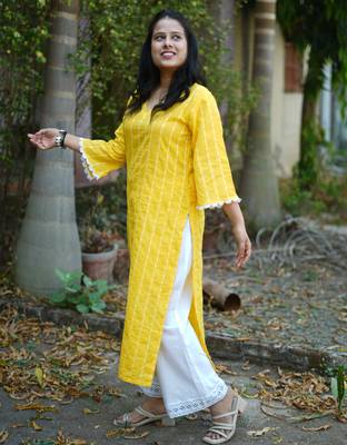 yellow cotton kurti pant set with kantha work design 3