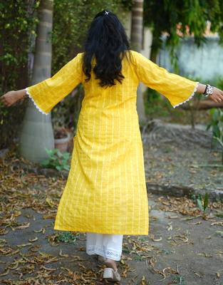 yellow cotton kurti pant set with kantha work design 4