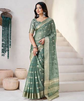 Soft linen cotton silk blend saree with gold zari weaving 1