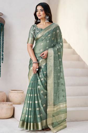 Soft linen cotton silk blend saree with gold zari weaving