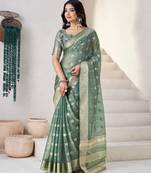 Soft linen cotton silk blend saree with gold zari weaving