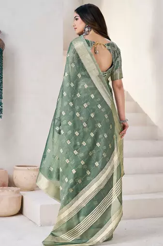 Soft linen cotton silk blend saree with gold zari weaving