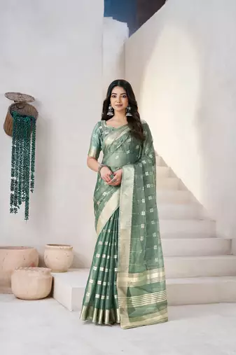 Soft linen cotton silk blend saree with gold zari weaving