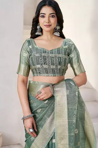 Soft linen cotton silk blend saree with gold zari weaving