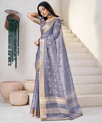 Soft linen cotton silk blend saree with gold zari weaving 1
