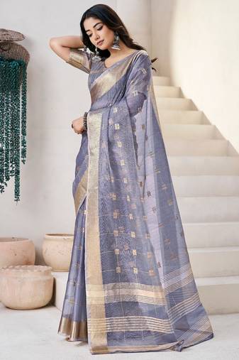 Soft linen cotton silk saree with gold zari weaving | elegant party & wedding wear saree