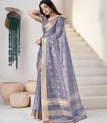 Soft linen cotton silk blend saree with gold zari weaving