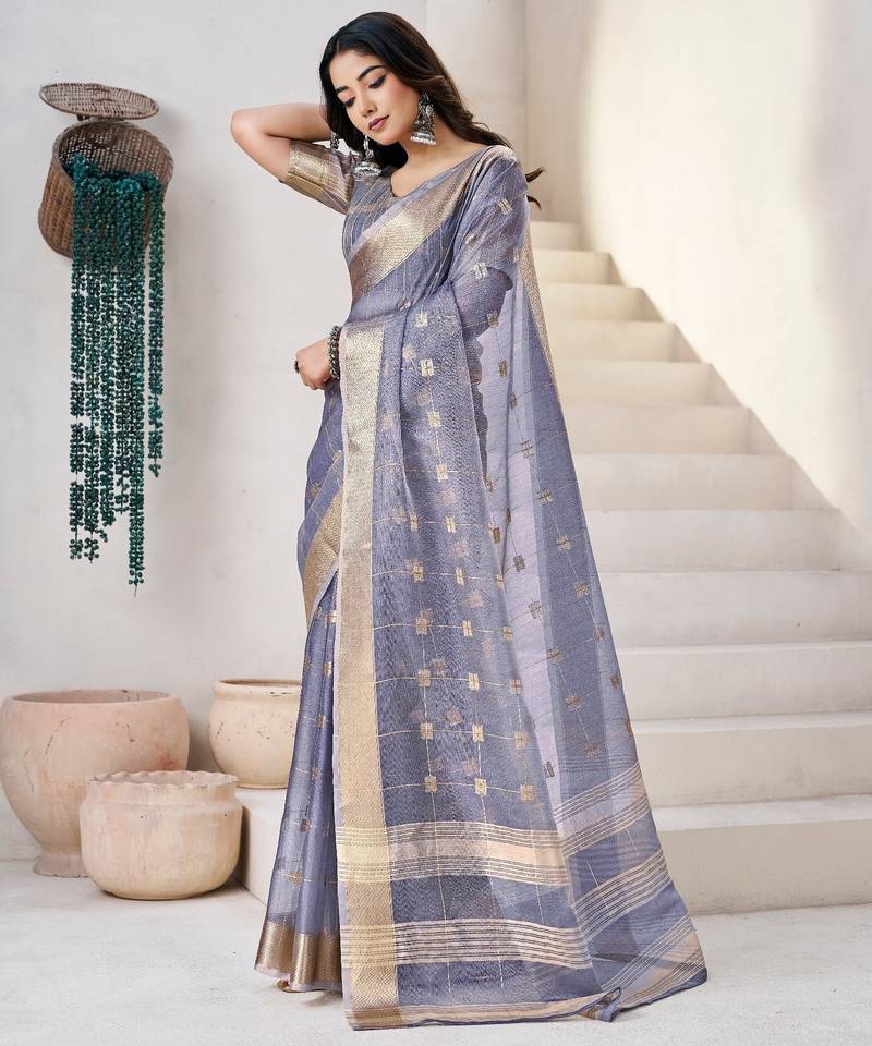 Soft linen cotton silk saree with gold zari weaving | elegant party & wedding wear saree