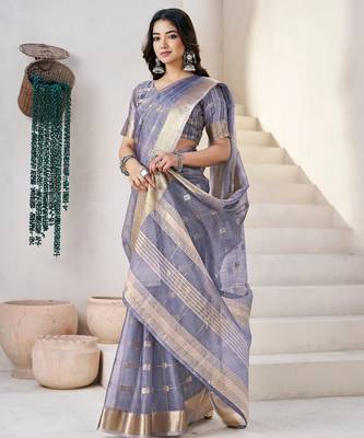 Soft linen cotton silk blend saree with gold zari weaving 2