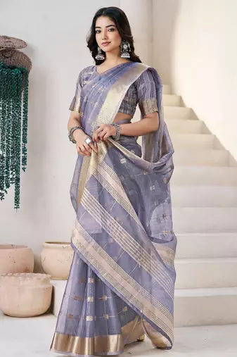 Soft linen cotton silk blend saree with gold zari weaving