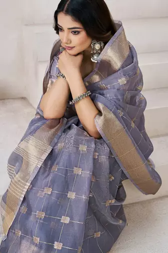 Soft linen cotton silk blend saree with gold zari weaving