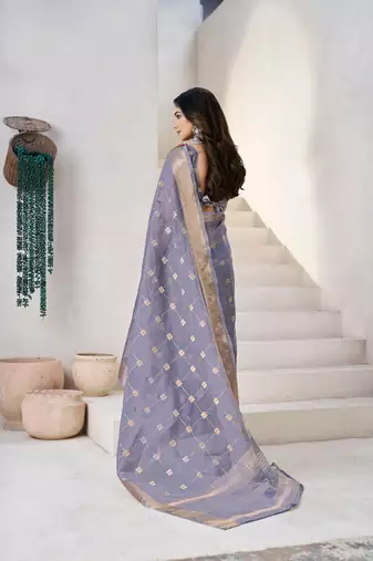 Soft linen cotton silk blend saree with gold zari weaving