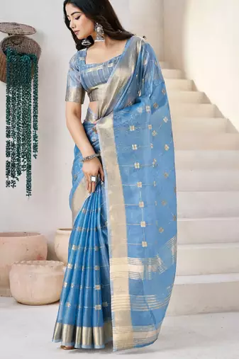 Blue soft linen cotton silk saree with gold zari weaving | elegant party & wedding wear saree