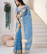 Blue soft linen cotton silk blend saree with gold zari weaving