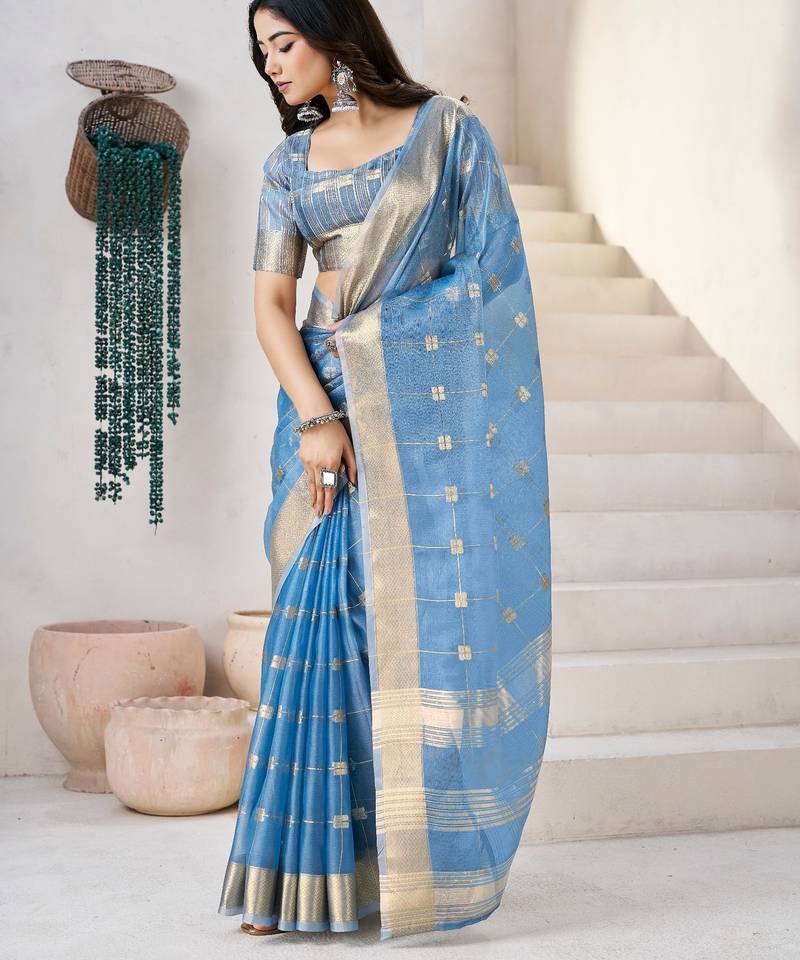 Blue soft linen cotton silk saree with gold zari weaving | elegant party & wedding wear saree